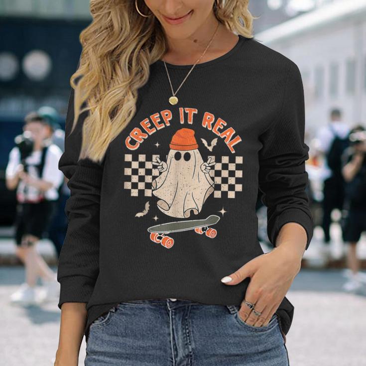 Creep It Real Skateboarding Ghost Retro Halloween Costume Long Sleeve T-Shirt Gifts for Her
