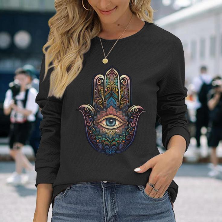 Khamsah Eye Or Hand Of Fatima On Colourful Hamsa Hand Langarmshirts Geschenke für Sie