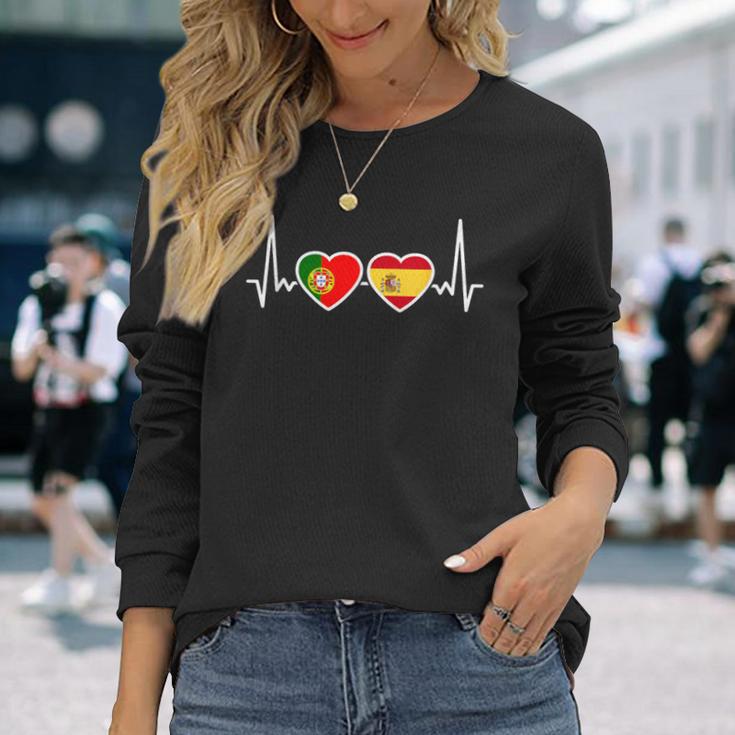 Portugal Spain Heartbeat Flag Spanish Portuguese Langarmshirts Geschenke für Sie