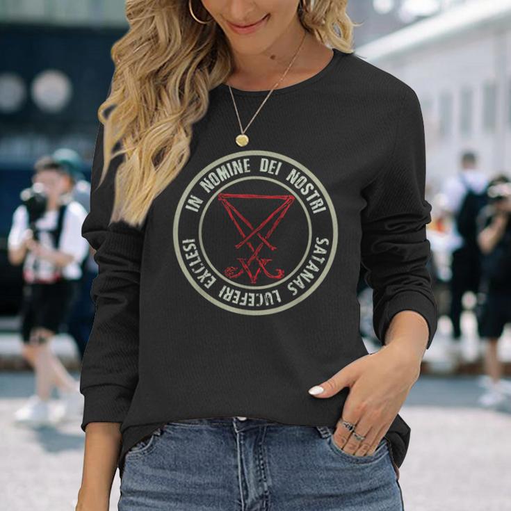 Satanic Lucifer Sigil Devil Nomine Dei Nostri Satanas Langarmshirts Geschenke für Sie