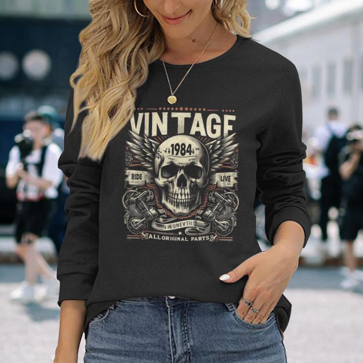 Vintage 1984 Born 1984 Birthday Skull Biker Motorcycle Langarmshirts Geschenke für Sie