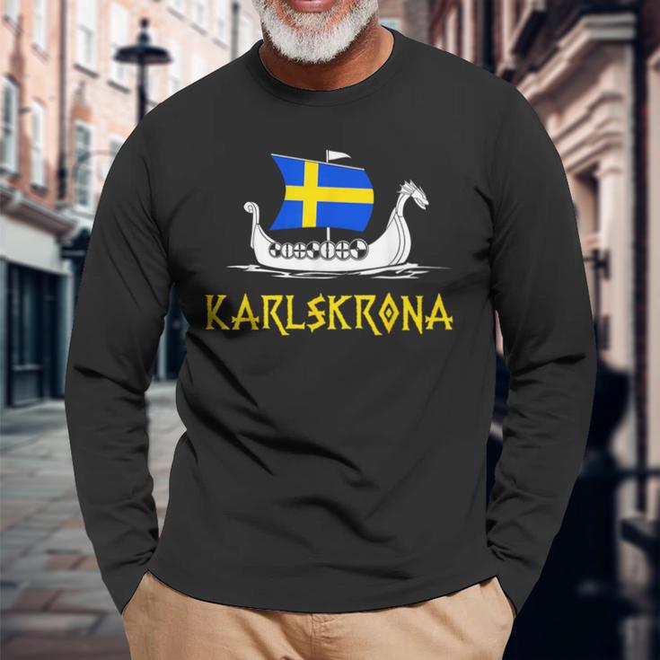 Boat Swedish Flag Swedeniking Ship Karlskrona Langarmshirts Geschenke für alte Männer