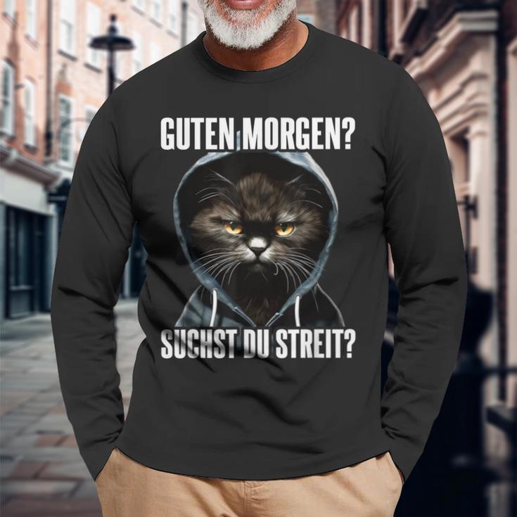 Cat Saying I Guten Morgen Suchst Du Streit Langarmshirts Geschenke für alte Männer