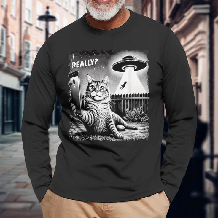 Cat Selfie Ufo & Alien Echt Jetzt Really Langarmshirts Geschenke für alte Männer