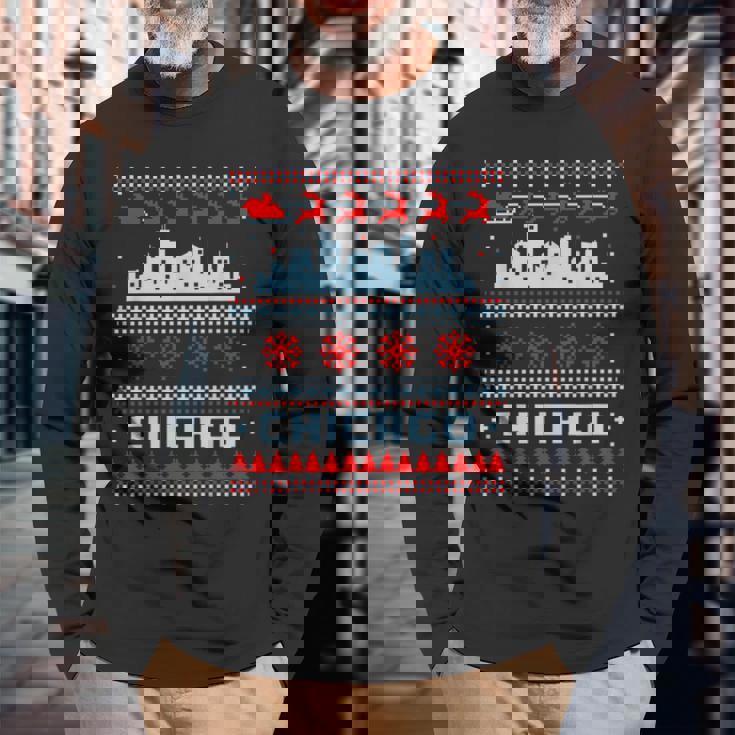 Chicago Flag City Skyline Chicago Fan Ugly Christmas Sweater Long Sleeve T-Shirt Gifts for Old Men
