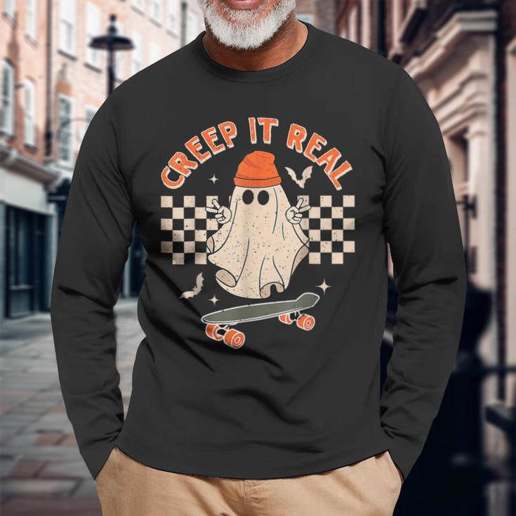 Creep It Real Skateboarding Ghost Retro Halloween Costume Long Sleeve T-Shirt Gifts for Old Men