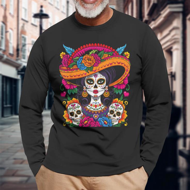 De Los Muertos La Catrina Sugar Skull Langarmshirts Geschenke für alte Männer