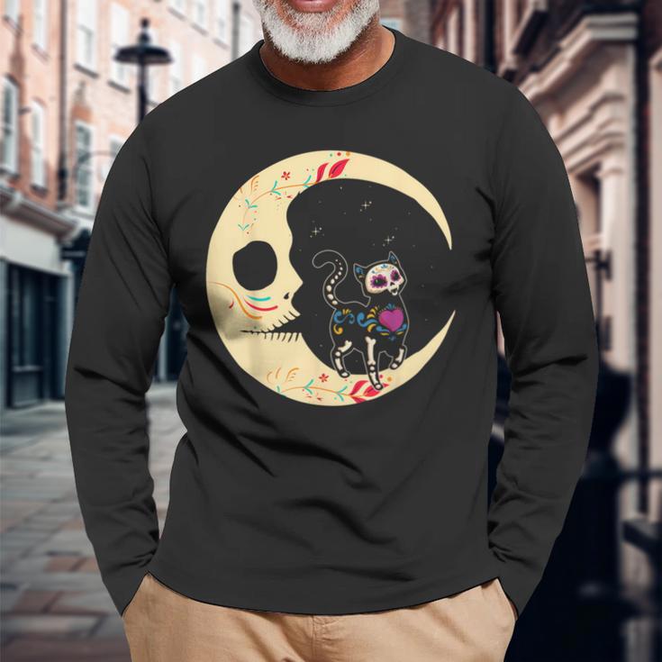 Dia De Los Muertos Cat & Moon Sugar Skull Langarmshirts Geschenke für alte Männer