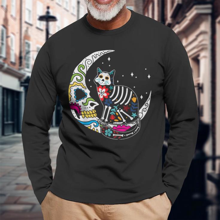 Dia De Los Muertos Cat Moon Langarmshirts Geschenke für alte Männer