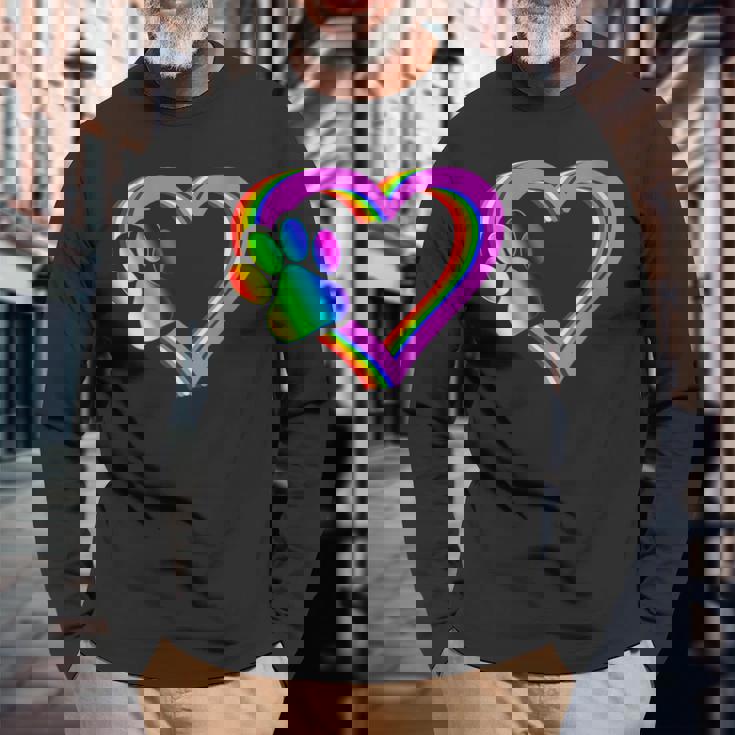 Donna Lgbt Cuore Arcobaleno Cuore Zampa Del Cane Sostenitore Lgbt Pride Con Collo A Maglietta a maniche lunghe Regalos para ancianos