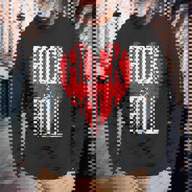 Donna Rock And Roll Heart Red Heart Love Peace Music Instrument Con Collo A Maglietta a maniche lunghe Regalos para ancianos