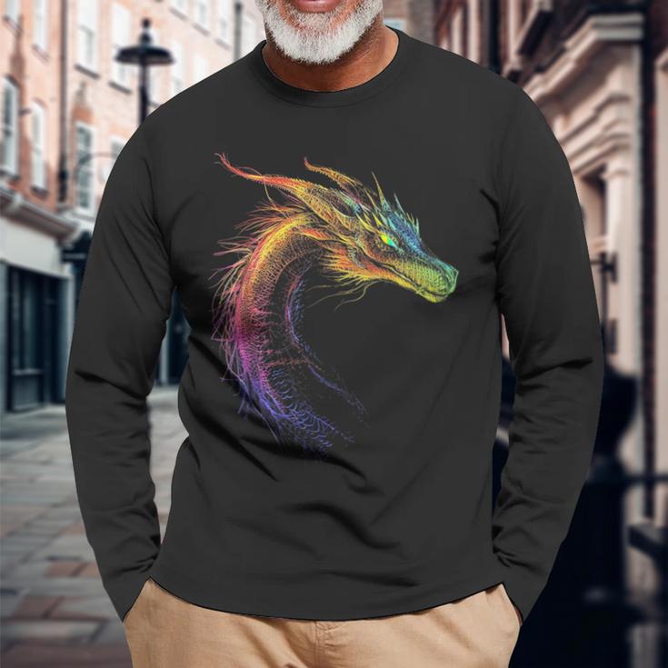 Drachen-Zeichnung Buntes Tier-Kunstwerk Fantasy-Drache Langarmshirts Geschenke für alte Männer