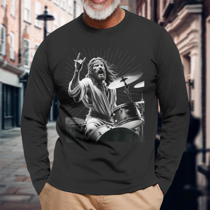 Drummer Rock Jesus Drums Langarmshirts Geschenke für alte Männer