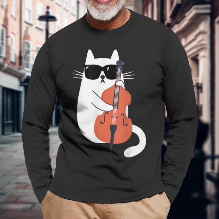 Gato Gracioso Con Gafas De Sol De Músico Contrabajo Camiseta de manga larga Regalos para ancianos