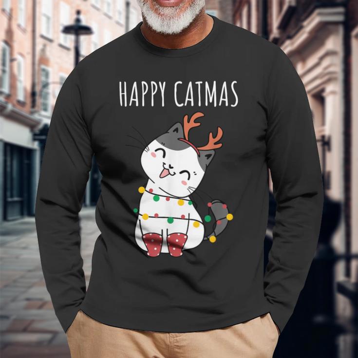 Happy Catmas Lustiges Weihnachts Katze Christmas Tree Langarmshirts Geschenke für alte Männer