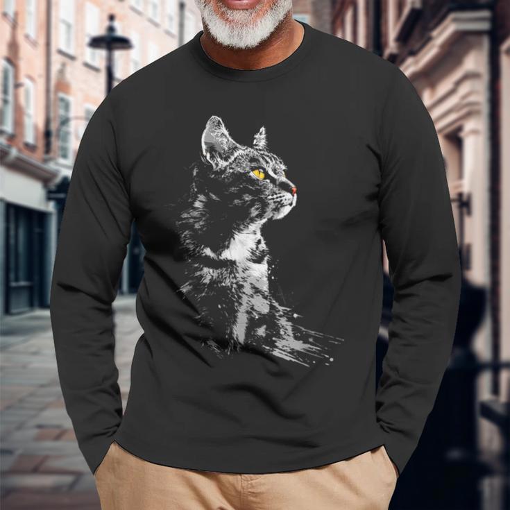 Katze Zeichnung Portrait Tierkunst Grafik Motiv Katze Langarmshirts Geschenke für alte Männer