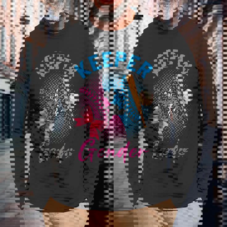 Keeper Of The Gender Baseball Or Bows Gender Reveal Party Long Sleeve T-Shirt Gifts for Old Men