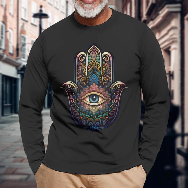 Khamsah Eye Or Hand Of Fatima On Colourful Hamsa Hand Langarmshirts Geschenke für alte Männer