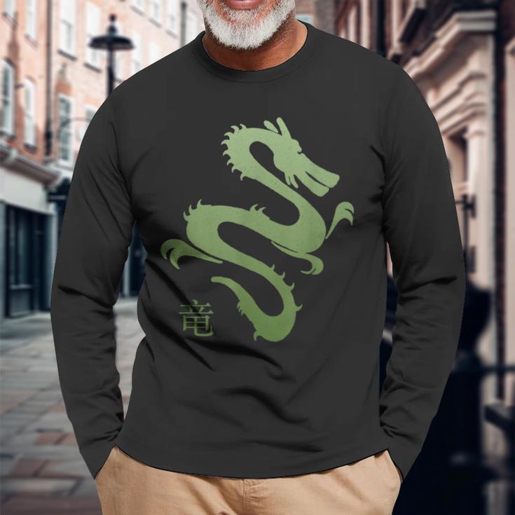 Letra Japonesa Dragón Kanjiintage Asiático Japón Estilo Cool Camiseta de manga larga Regalos para ancianos