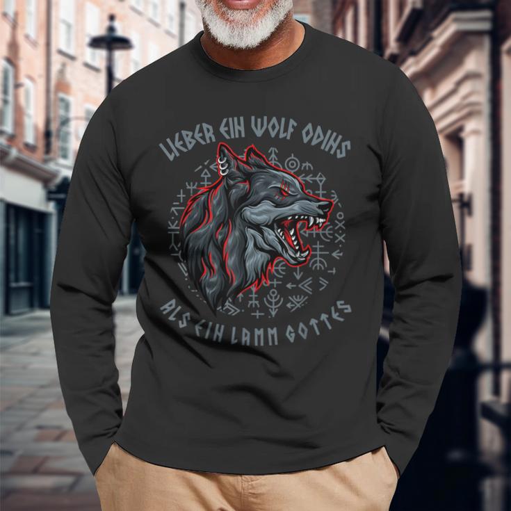 Lieber Ein Wolf Odin Als Ein Lamb Godiking Odin Wolf Langarmshirts Geschenke für alte Männer