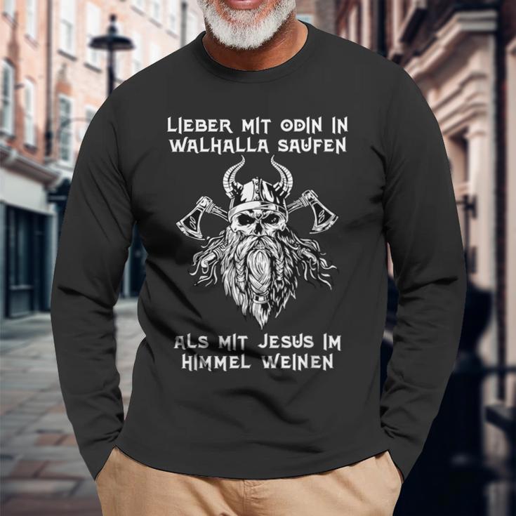 Lieber Mit Odin In Walhalla Saufen Nordmann's Drinking Slogan Langarmshirts Geschenke für alte Männer