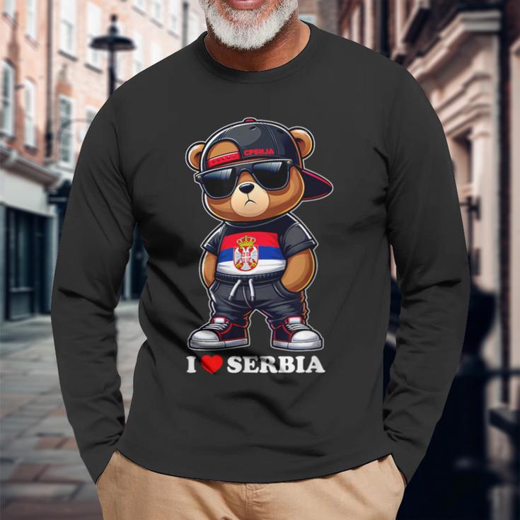 I Love Serbia Serbian Flag Teddy Bear Srbija Langarmshirts Geschenke für alte Männer