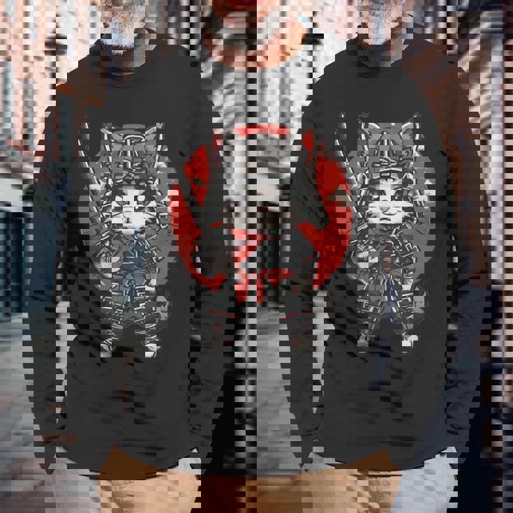 Ninja Arte Japonés Gato Samurai Gatito Kawaii Camiseta de manga larga Regalos para ancianos