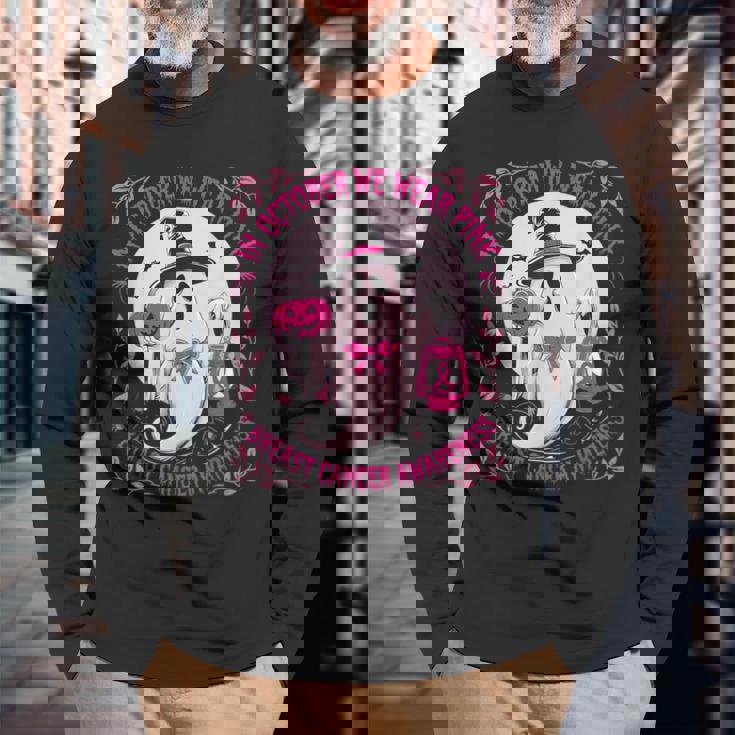 October We Wear Pink Ghost Halloween Pumpkins Breast Cancer Long Sleeve T-Shirt Gifts for Old Men