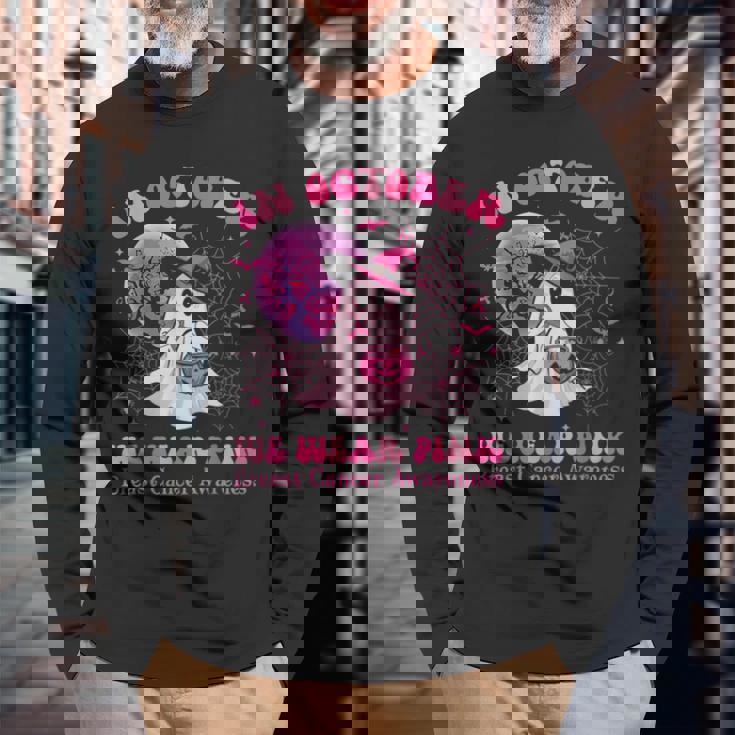 In October We Wear Pink Ghost Witch Breast Cancer Awareness Long Sleeve T-Shirt Gifts for Old Men