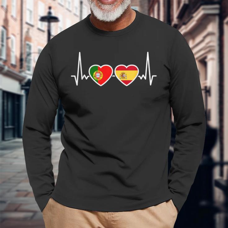 Portugal Spain Heartbeat Flag Spanish Portuguese Langarmshirts Geschenke für alte Männer