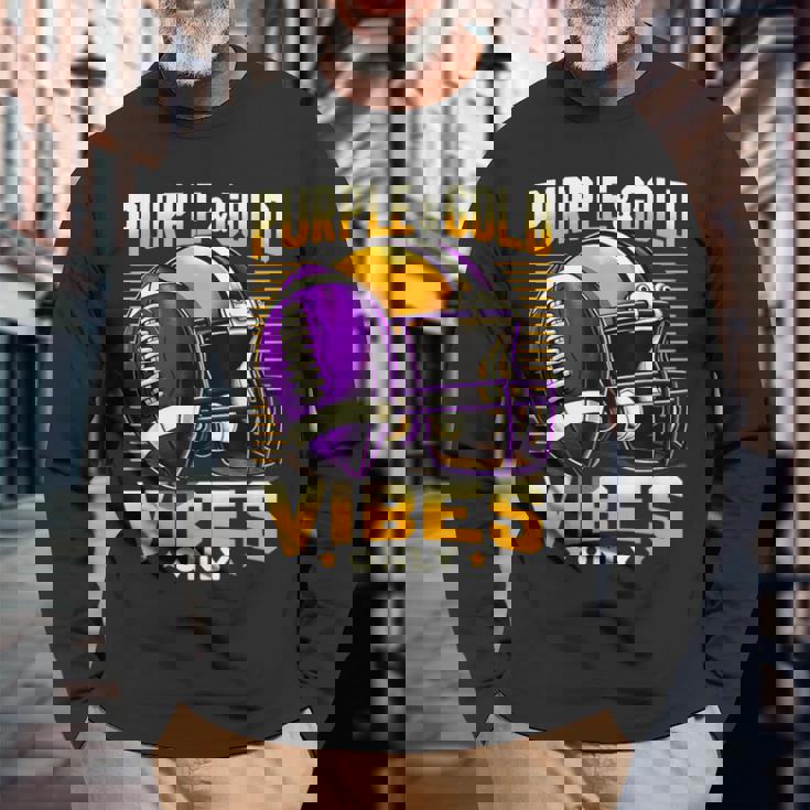 Purple & Gold Vibes Only Retro Football School Football Team Long Sleeve T-Shirt Gifts for Old Men
