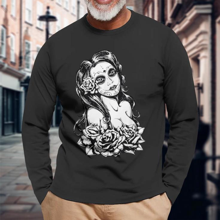 Retro Catrina I Retro Dia De Muertos I La Santísima Muerte Langarmshirts Geschenke für alte Männer