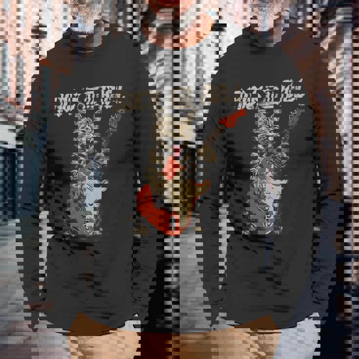 Rock And Roll Guitar Cat Vintage Rock Guitarist Cat Long Sleeve T-Shirt Gifts for Old Men