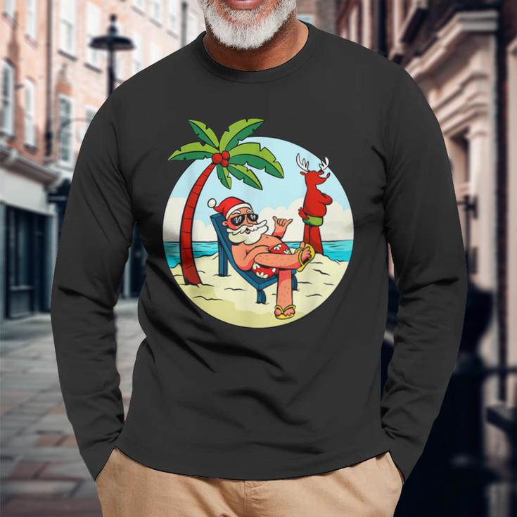 Santa Claus Reindeer Beach Swimming Trunks Palm Trees Christmas Langarmshirts Geschenke für alte Männer