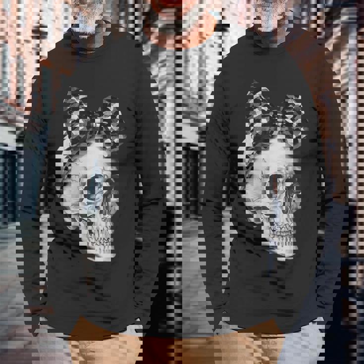 Skull Coquette Bow Halloween Black And White Checkered Bow Long Sleeve T-Shirt Gifts for Old Men