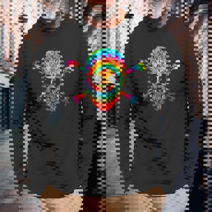 Skull Crossbones Skeleton Colorful Graphic Tie Dye Long Sleeve T-Shirt Gifts for Old Men