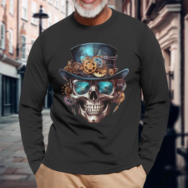 Steampunk Totenkopf Hut Zylinder Mechanik Zahnrad Cyborg Langarmshirts Geschenke für alte Männer