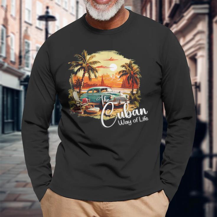 Sunset Cuba Oldtimer Palm Trees Retrointage Summer Langarmshirts Geschenke für alte Männer