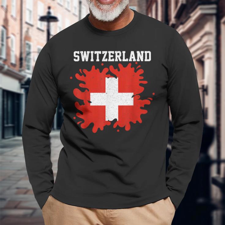 Switzerland Splash Flag Swiss Jersey Sports Langarmshirts Geschenke für alte Männer