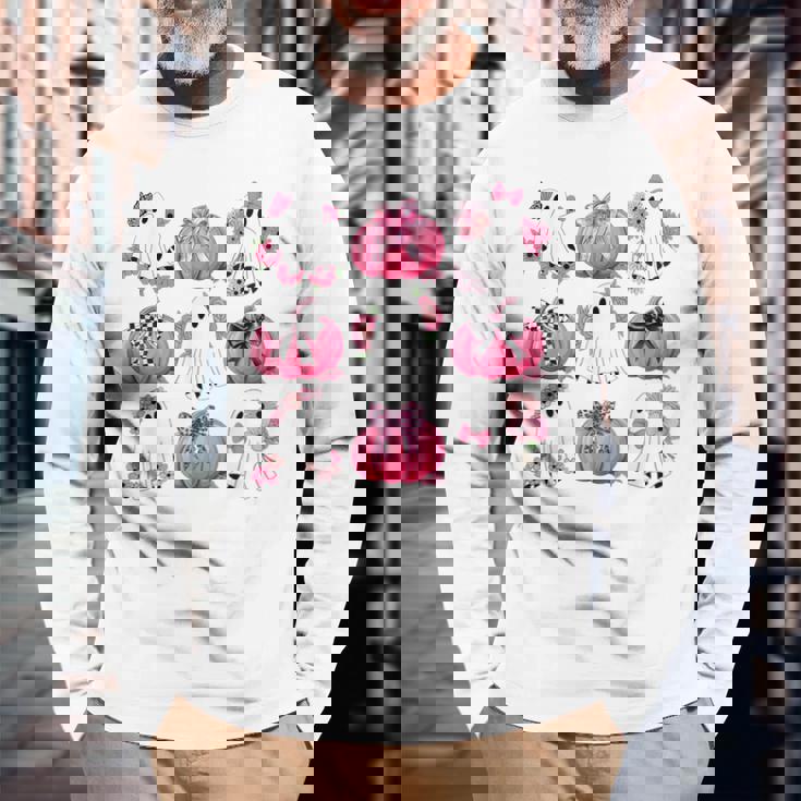 Cute Ghost Florals Pink Coquette Bows Pumpkins Halloween Long Sleeve T-Shirt Gifts for Old Men