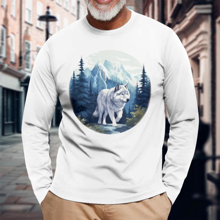 Lone Wolf Überlebt Die Berg-Silhouette-Kunst Langarmshirts Geschenke für alte Männer