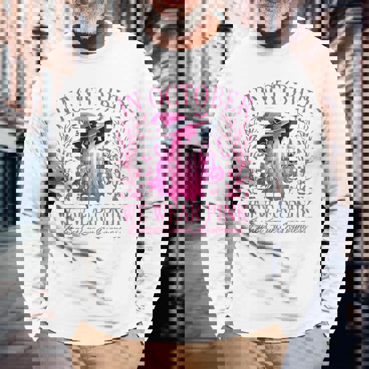 In October We Wear Pink Breast Cancer Awareness Halloween Long Sleeve T-Shirt Gifts for Old Men