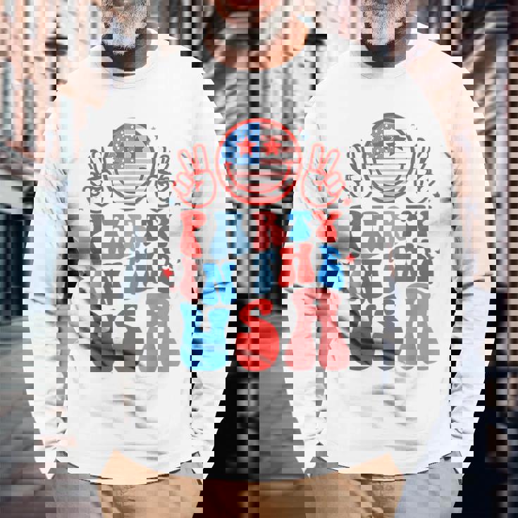 Party In The Usa Happy Face Smile American Flag 4Th Of July Long Sleeve T-Shirt Gifts for Old Men