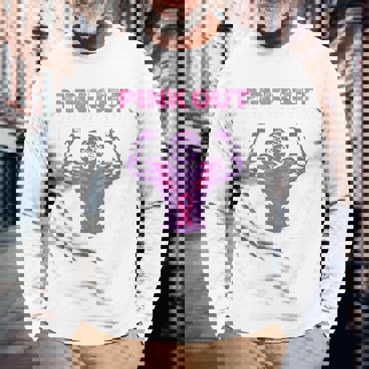 Pink Out Football Team Tackle Breast Cancer Awareness Month Long Sleeve T-Shirt Gifts for Old Men