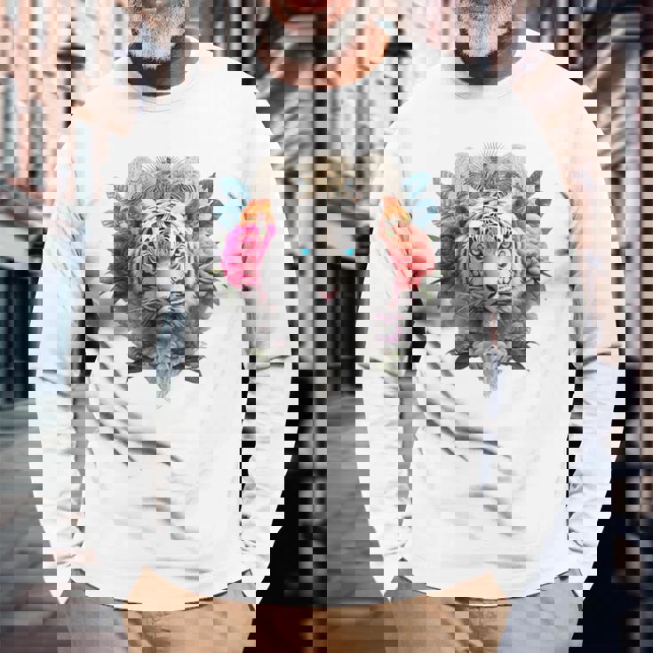 Tigre Flores Ojos Azules Animal Print Arte Tigre Camiseta de manga larga Regalos para ancianos
