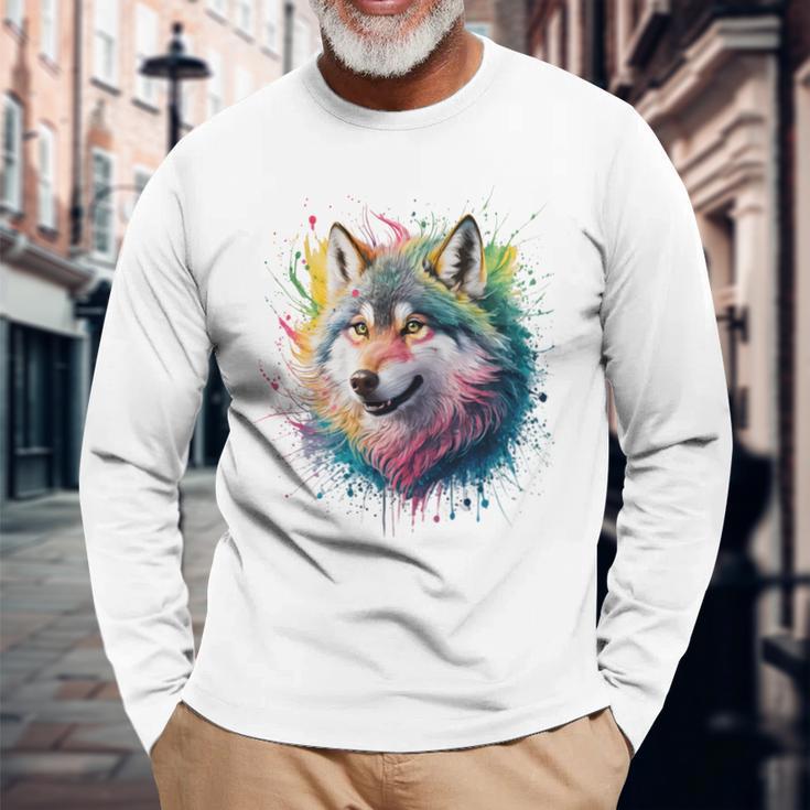 Wolf Herren Damen Bunt Aquarell Wolf Langarmshirts Geschenke für alte Männer