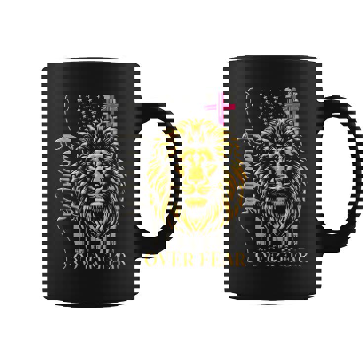 Christian Religions Usa Flag Lion Jesus Faith Over Fear Coffee Mug