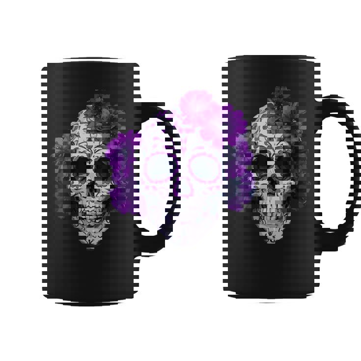 Purple Floral Black Sugar Skull Day Of The Dead Mexican Pray Coffee Mug