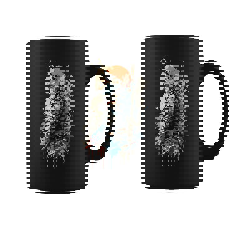 Samurai Gato Japonés Uniforme Pintura Retrato Gato Samurai Taza de café