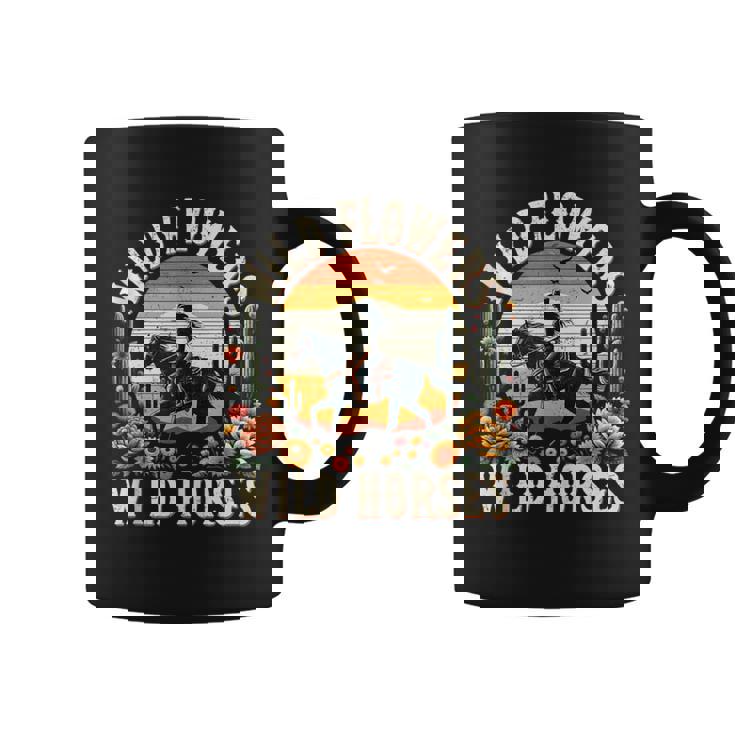 Sunset Cowgirl Riding Horse Wild Flowers Wild Horses Coffee Mug